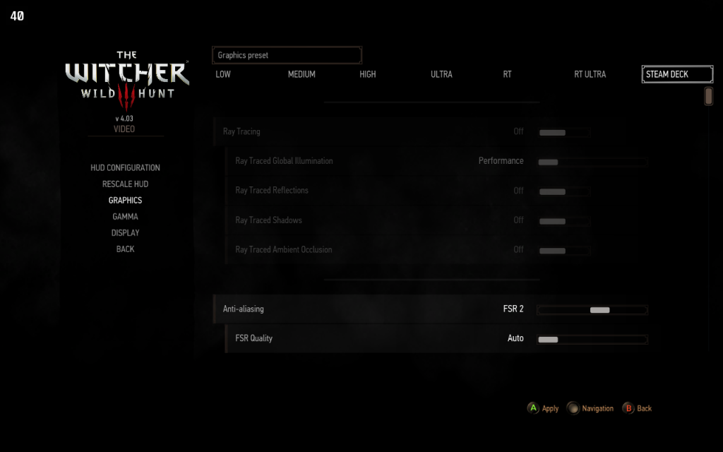 The Witcher 3 Steam Deck Preset