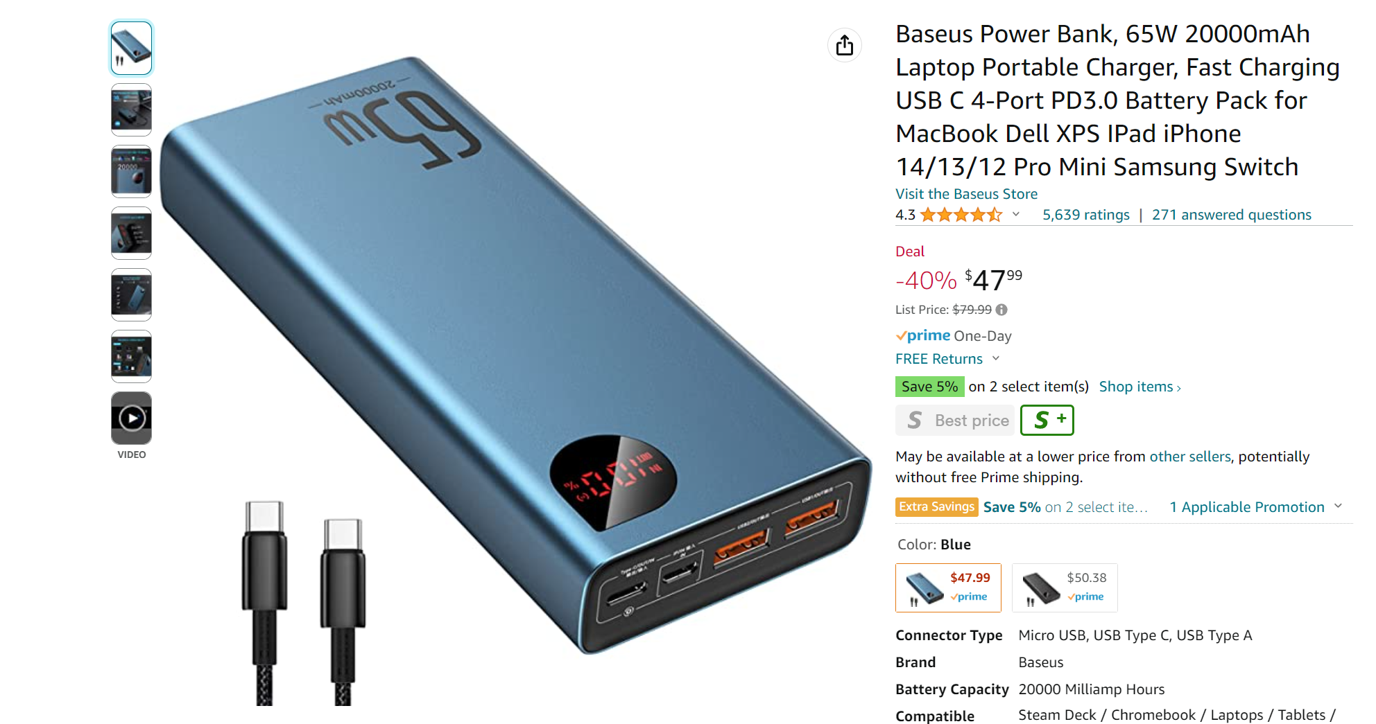Baseus Power Bank, 65W 20000mAh Laptop Portable Charger, Fast Charging USB  C 4-Port PD3.0 Battery Pack for MacBook Dell XPS IPad iPhone 14/13/12 Pro  Mini Samsung Switch 