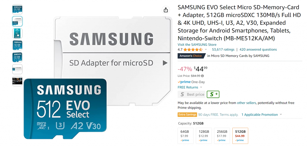 512 GB Samsung EVO Micro SD Card On Sale For $44.99